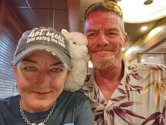 Red and me at Denny's breakfast with a special guest, Ewe Boo. He won it from the machine.