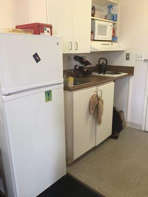 (Decent-sized fridge, two burner stove, microwave, cabinets... But no dishes or coffee maker.)