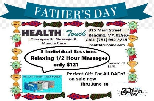 On sale through June 18, 2023 The Perfect Gift for all your favorite DADs! 3 bundled 1/2 hour individual massage sessions (Valued at $141)