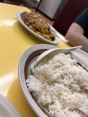 Huge bowl of white rice for the table.