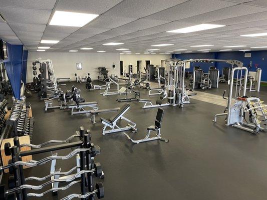 Spacious free weights area with a broad array of equipment