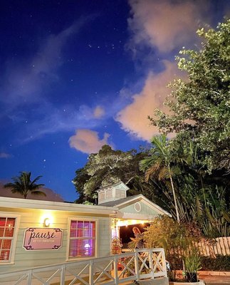 Pause Kava Bar at dusk in Delray Beach, view from the back parking lot