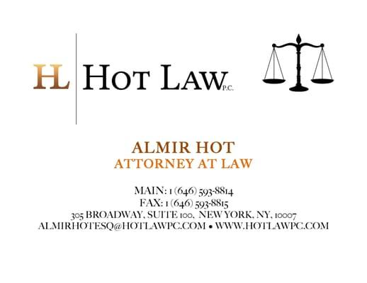 Almir Hot's new business card with updated Hot Law P.C. location and contact information.