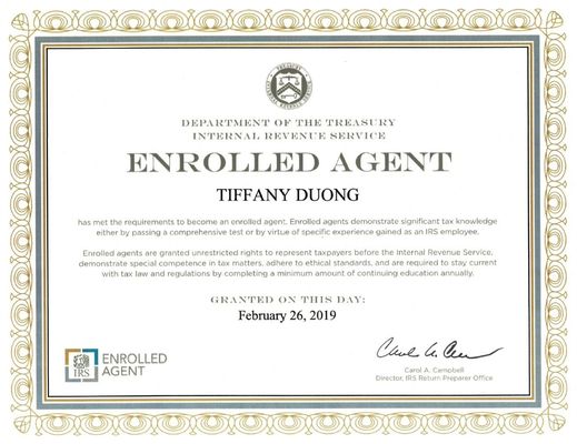 2019 Tiffany Duong Enrolled Agent Certificate