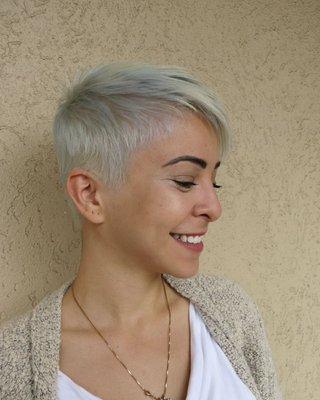 Platinum silver pixie hair cut