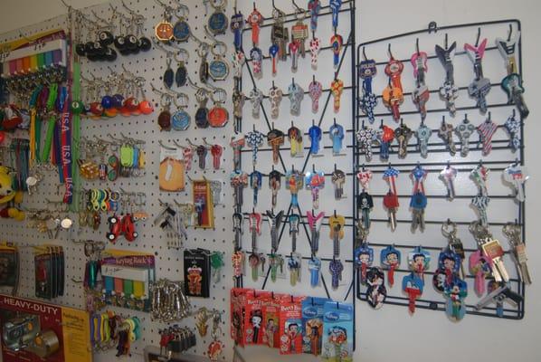 Large selection of keychains and painted keys.