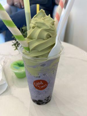 Taro milk tea with tapioca and green tea ice cream