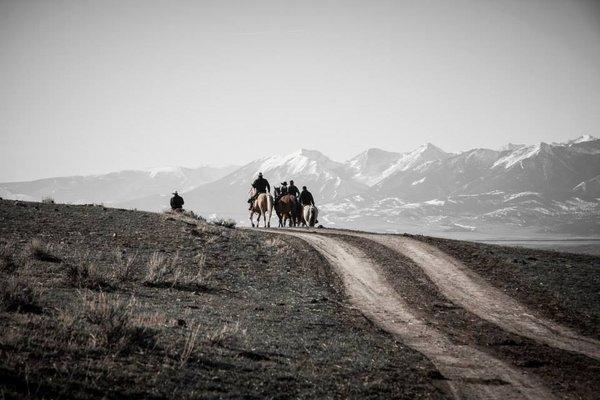 Cowboys against the Absaroka Mountains, Livingston Montana