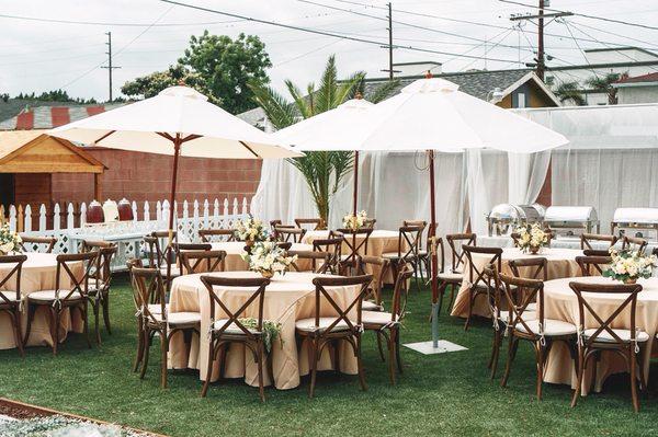 Rustic Back Yard Set Up with Gorgeous cross back vineyard chairs