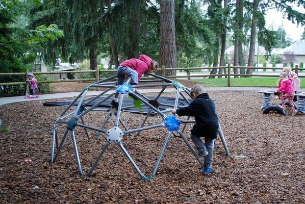 Monkey bars on our large fenced outdoor playground! (Also has swings, slide, tires, sandpit, and a bike path.)