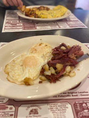 Eggs and hash, Benedict omelet in background