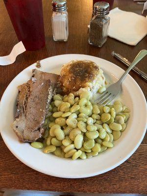 Homemade Brisket, mashed potatoes & butter beans.