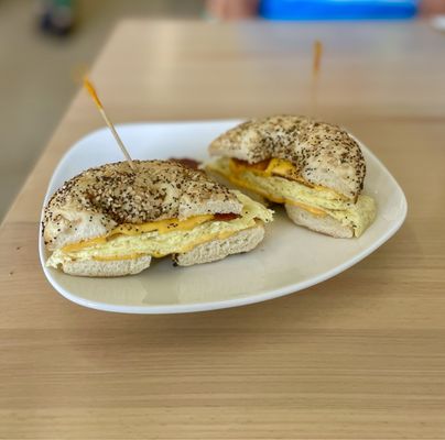 Bacon, egg, and cheese on everything bagel