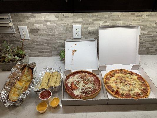 Cheesy bread, breadsticks, Chicago style pizza, and regular pizza!