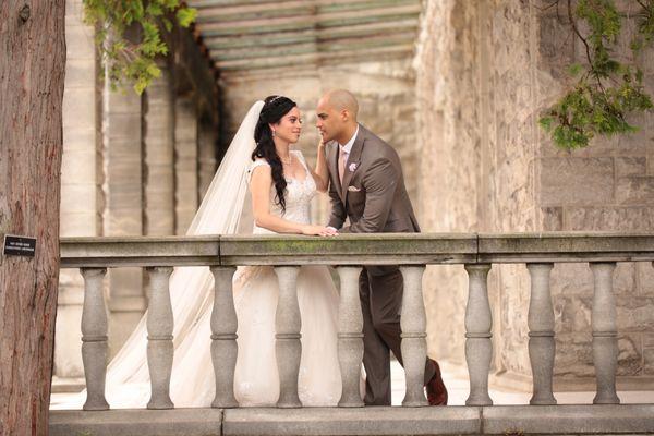 Bride and groom on terrace at Reid Castle