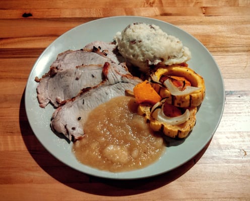 Fennel rubbed pork loin, fire roasted apple sauce, garlic mashed potatoes, and harvest vegetables, this week's Take Away Tuesday meal!