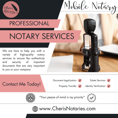 Mobile Notary. 
I can meet you or you can come to my office.