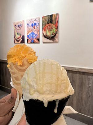 Lychee Rose + Condensed Milk Drizzle on a Black vanilla cone (front) and Creamy Mango + Condensed Milk Drizzle on a coconut cone (back)