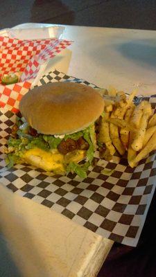 Jefe burger $8. Comes with fries for extra $10.