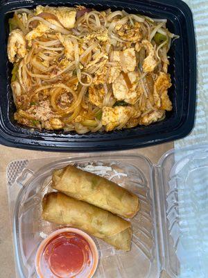 Chicken pad Thai and spring rolls