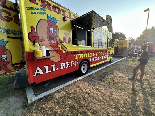 One of the Trolley Dogs food trucks (apparently they have five or six, and each one is painted differently)