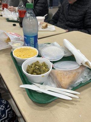 Green beans, French fries, Mac & Cheese, fried fish