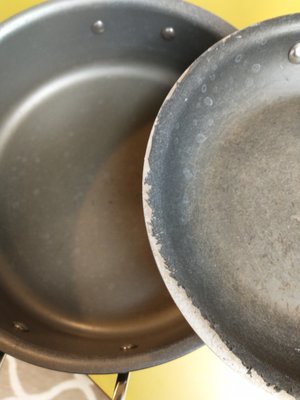 Non-stick finish coming off of 8 inch All-Clad frypan.