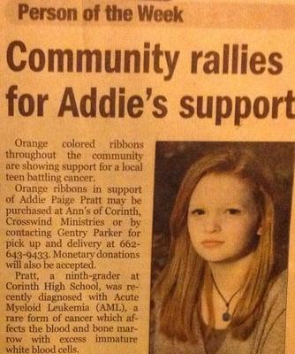 Supporters of Addie Paige Pratt, local 9th grader with (AML) cancer.