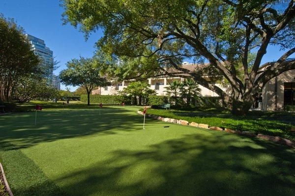 Putting Green area shaded by our large Oak Tree.  --walking trail, prayer garden, and fountain also in this outdoor space