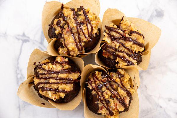 German Chocolate Cupcake: Chocolate cupcake with chocolate ganache and a from scratch-made caramel frosting with toasted pecans and coconut.