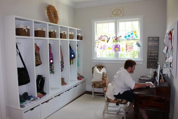 Custom built cabinetry at mudroom/drop zone