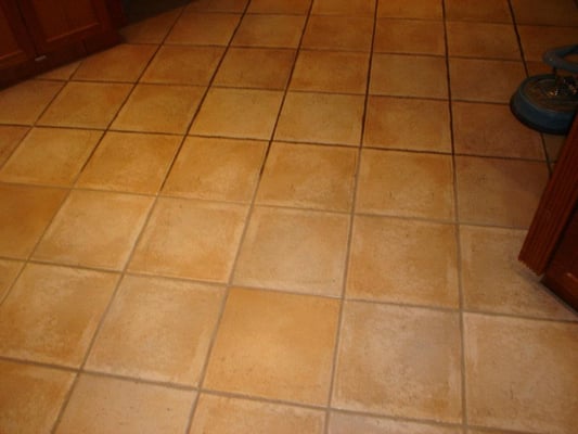 Contrast of a before and after of ceramic tile and grout cleaning.