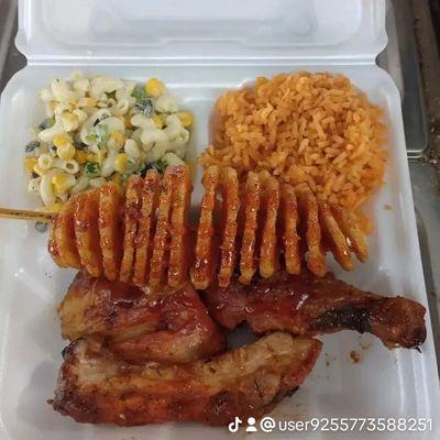 2pc Chicken Plate W/ 2 sides Mexican Rice and Pasta Salad. Included is half portion of Spiral Potatoe.