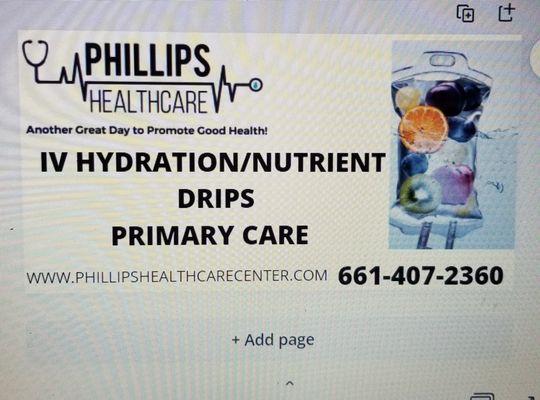 Phillips Healthcare Offers -Primary Care -IV Hydration and Nutrient.   Therapy -Direct Primary Care -Womens Health -School & Sports Exams!