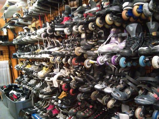 Large selection of ice and roller skates.