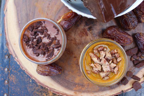 vegan + paleo snack cups in pumpkin spice with candied pecans or chocolate with vegan chocolate chunks