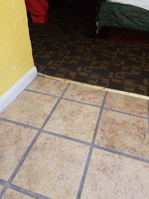 Dirt on tile floor and carpet