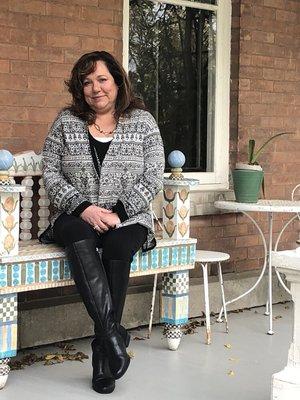 Me on the front porch Saturday morning and a beautiful bench that she made and hand-painted amazing woman