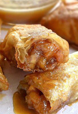 Apple pie egg rolls, we top ours with icecream and caramel sauce!