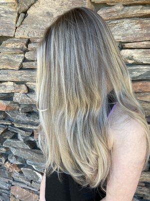 Blonde as possible for a soft growing out.. swipe to see before, by @hairbyreneeconrad