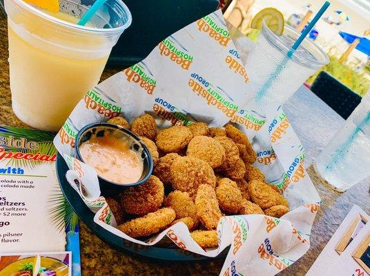 Fried Pickles. Jim Bean Orange Pino Colada.