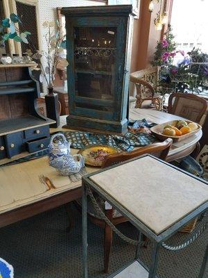 Vintage shabby chic table and cupboard