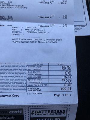 The invoice total for repairs.