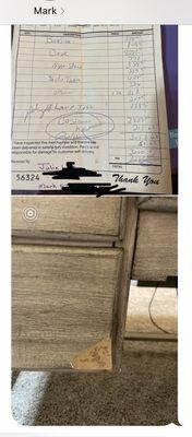 The initial receipt & thr damaged drawer.