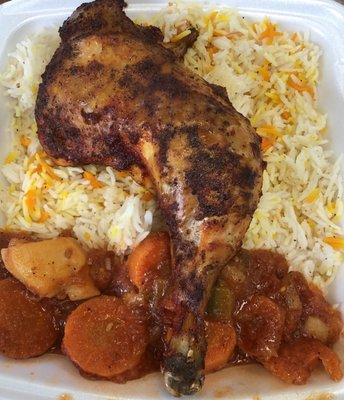 Chicken legs with rice and veggies stew.