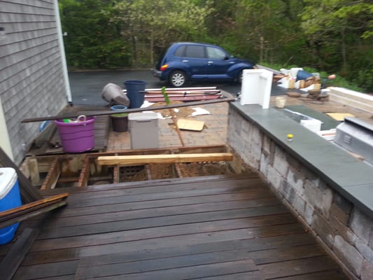 Memorial day  weekend with deck torn apart and kit strewn across driveway patio and lawn