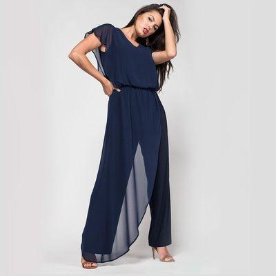 Stunning jumpsuit in navy blue with chiffon overlay.