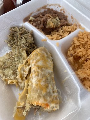 Chicken tamale plate, rice and refried beans