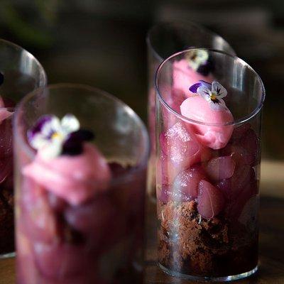 Chocolate Almond Cake, Poached Pear, Pomegranate Mousse