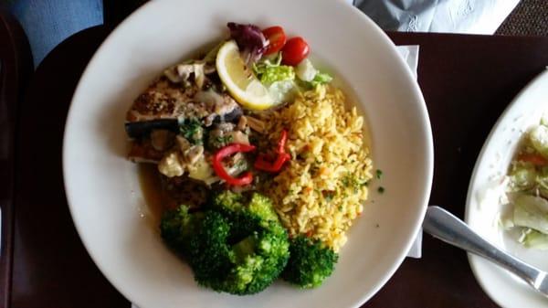 Swordfish medallions, rice and broccoli.